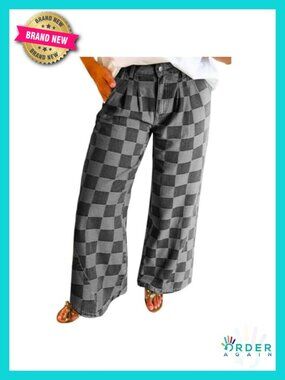 Wide Leg Plaid Denim Pants Straight Leg Baggy Jeans with Pockets High Waist